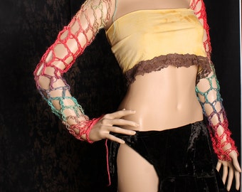 Bright Arm Warmers, Long Crochet Sleeves, pink blue purple stripes, soft crochet fingerless gloves, Belly Dance Gothic, pastel fishnet arms