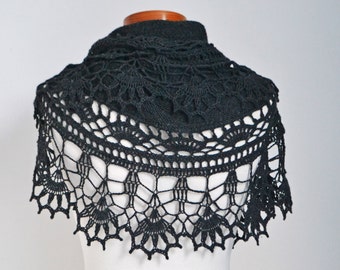 Crochet lace shawl, scarf, lace, anthracite grey, P495