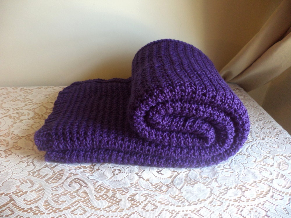 Purple Hand Knit Lap Blanket Throw Shawl Mulberry Grape