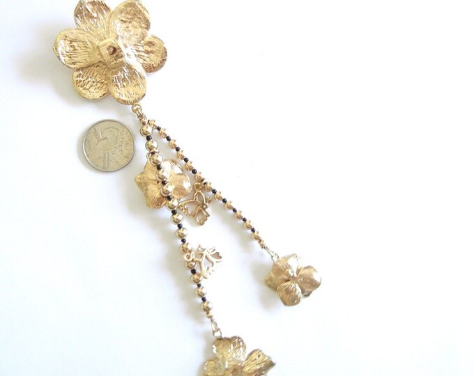 Flower Pendant with Drop Chains with Charms Textured Gold-tone