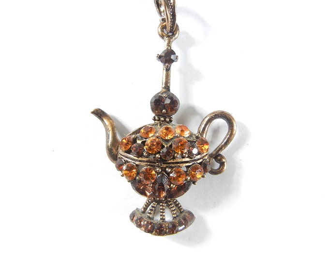 Topaz Rhinestone Magic Lamp Pendant Burnished Gold-tone