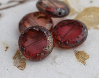 SLICED PINKS .. 4 Picasso Czech Glass Coin Beads 14x5mm (5383-4)