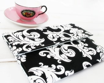 Kindle Case, Padded Kindle Paperwhite Cover, Nook Cover, Ereader Case, Kindle Sleeve in Black and White Damask made to FIT ANY BRAND reader