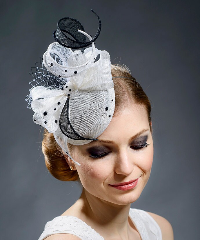 White and black pillbox hat small white wedding fascinator