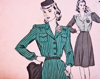 40s Shirtwaist Dress Pattern Hollywood Pattern Misses size 14 UNCUT Flared Skirt Dress 1940s Vintage Sewing Pattern
