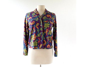 Vintage 1950s Blouse | Paisley Print Cotton Blouse | 50s Top | Small S