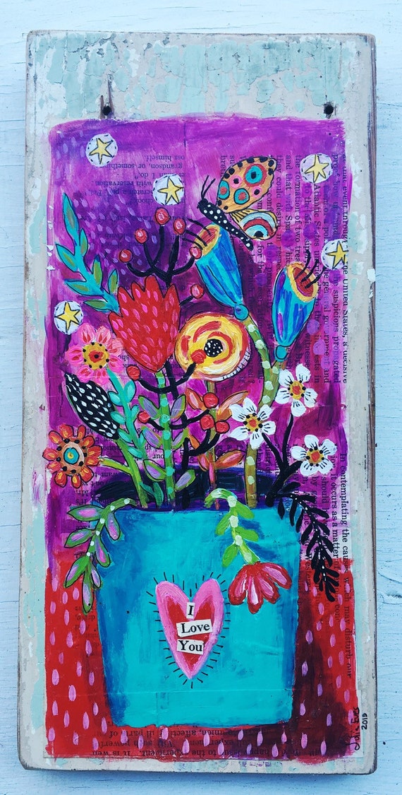 Small Mixed Media Floral Folk Art Painting on Wood