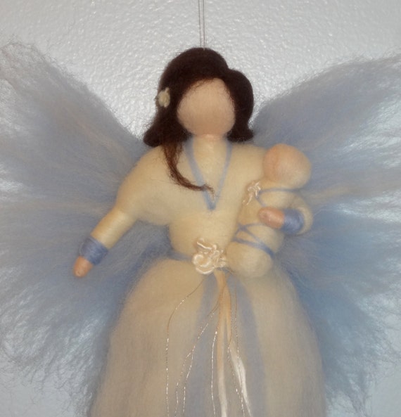 Winter Fairy, Blue and White Flower Faerie Doll with Baby, Christmas Angel, Nursery, Blessing, Waldorf, Magic Wool, needle felted