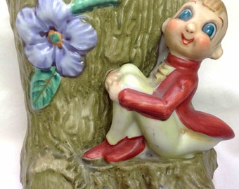 Pixie Elf Planter Cricket Ceramic Vase - Elf sits near a Tree Stump - Rust Green Blue - Vintage Cute elf Mid Century MCM Retro Home Decor