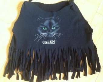 Salem Black Cat Fringed Cut Off Sweatshirt
