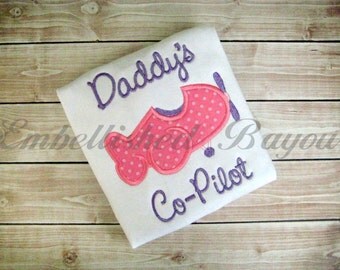 Daddy's Co-Pilot Onesie or Ruffle Tshirt with Polka Dot Airplane Applique for Girls