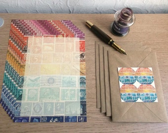 Sunset Letter Writing Set | Orange Blue Stationery Set | Postage Stamp Art, Eclectic Penpal Notepaper | Vintage Postal World Travel Note Set