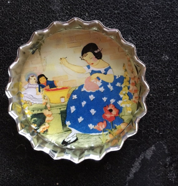 Girl in Blue Dress Magnet & Needleminder. Tin Magnet. Large Bottlecap Magnet.