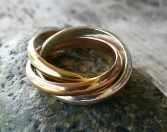 Trinity Wedding Band, Cartier Style Rolling Ring, Tri Color Gold Fill and Sterling Silver, Russian Wedding, Unisex, 3 Interlocking, Matching