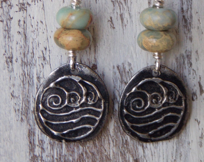 Sterling Silver Gemstone Earrings Jasper Pewter Ocean Wave Charm Stone Artisan Pewter Dangle Drop Boho Beach Nautical Earrings