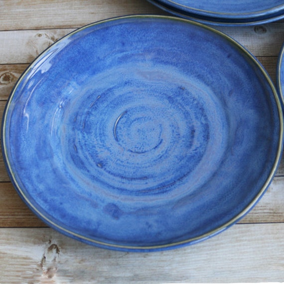 Set of Four Ceramic Dinner Plates Rustic Blue Dinnerware