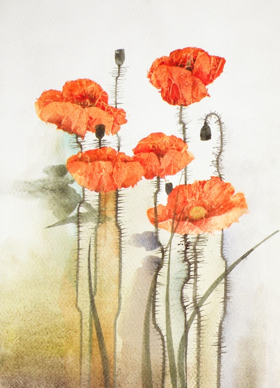 Poppies original watercolor painting 23x305 cm