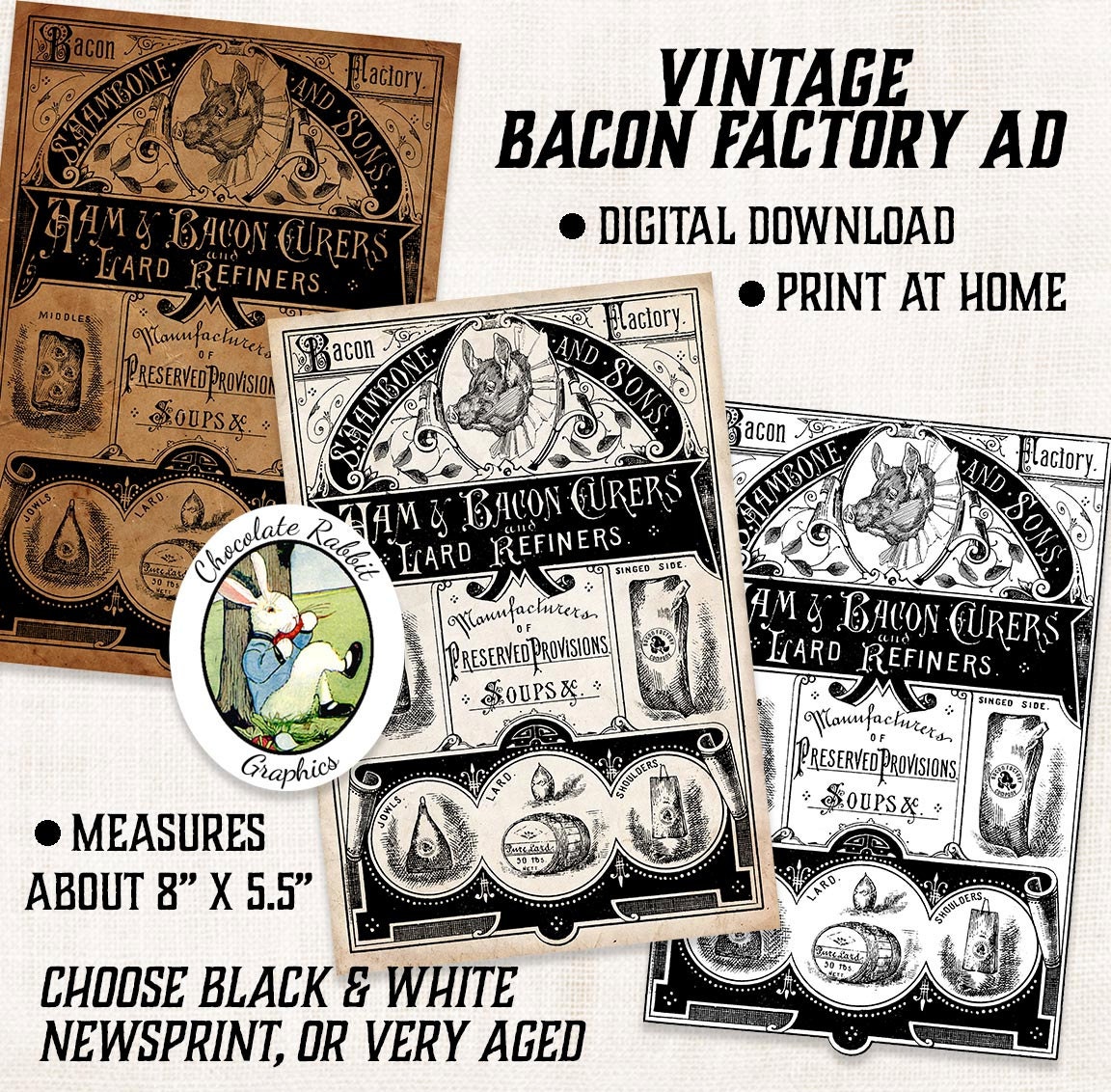 Vintage Bacon Label Advertisement Digital Download Printable