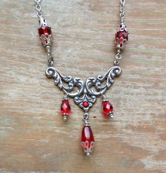Blood Red Ruby Victorian Necklace Handmade by BackAlleyDesignsINK