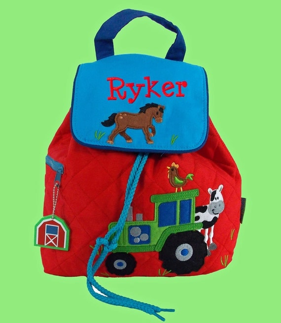 Personalized Stephen Joseph Toddler FARM Backpack In Blue and Red