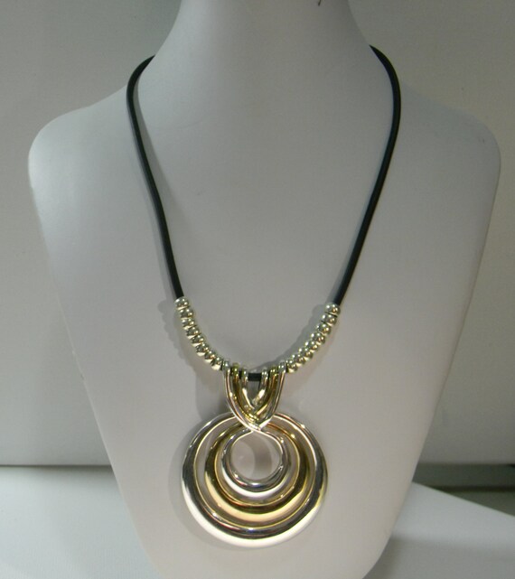 Modern Black Leather Cord Necklace With Gold And Silver