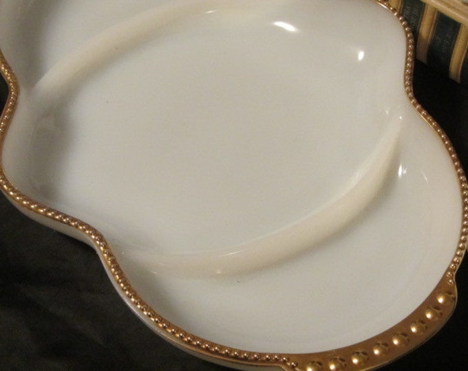 Vintage 1950's Fire King Oven Ware Milk Glass Divided Serving Dish / Tray With 24 K Gold Trim