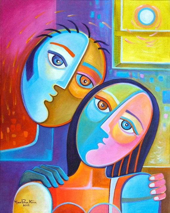 Abstract Painting Cubism Original Art Modern Couple Marlina