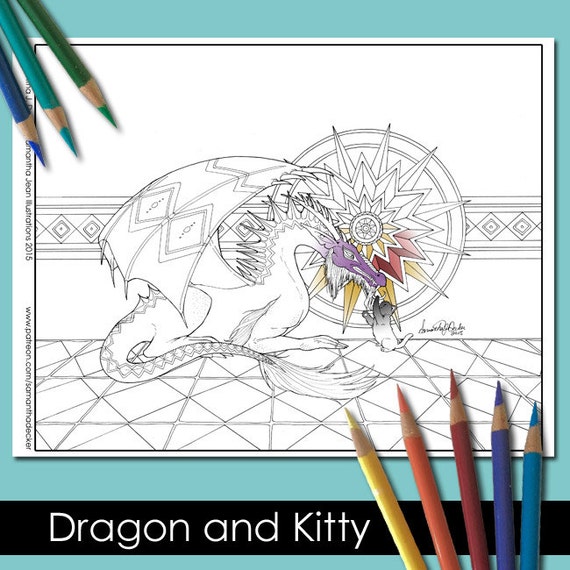  Dragon  and Cat  Adult Coloring  Page  Printable Coloring  Pages 