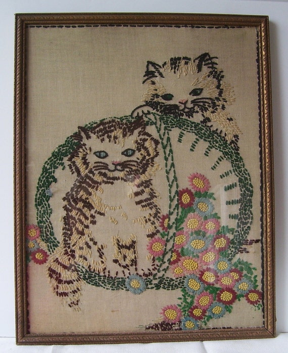 Vintage Embroidered on Linen Cat Framed Picture 2 Cats In A