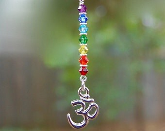 Chakra Om Rearview Mirror Car Charm, Rainbow Ohm Swarovski Crystal , Home Decor