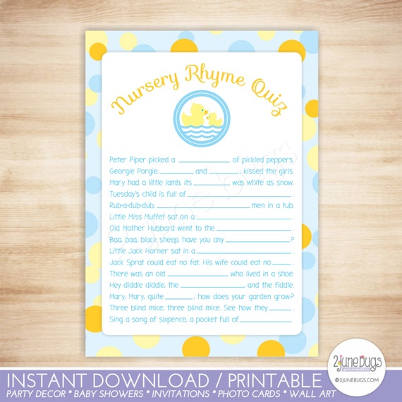 Rubber Duck Baby Shower Nursery Rhyme Quiz Baby Shower Game