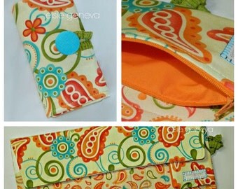 Paisley & Floral Crochet Hook Case / Organizer with Zipper Pocket Orange Lime Green Aqua Blue and Yellow