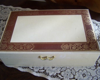 Vintage Mele Leatherette Jewelry Box, Ivory & Saddle Tan, Gold Embossed, Jewelry Chest, Mid Century, 1950s