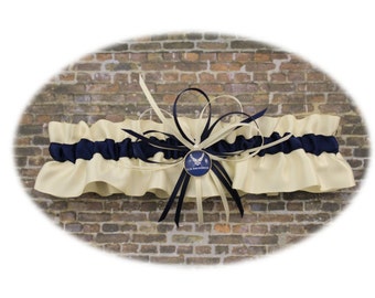 Ivory and Navy Blue Satin Air Force Wedding Keepsake Garter