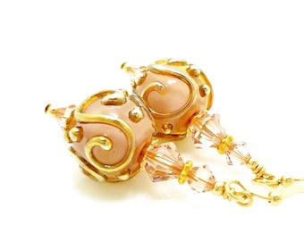 Pink Earrings, Lampwork Earrings, Glass Earrings, Glass Scroll Earrings, Glass Bead Earrings, Unique Glass Earrings, Beadwork Earrings