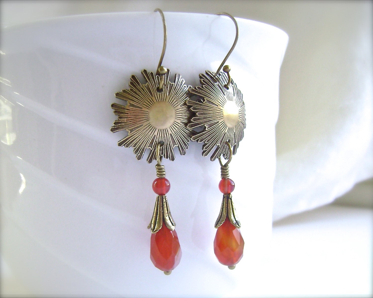 Carnelian Earrings Wire Wrapped Brass Earrings Bronze