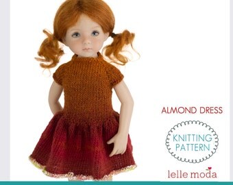Almond Dress - Knitting Pattern - Little Darling Dolls by Dianna Effner - 13 inch Doll Clothes - Doll Knitted Fall Dress