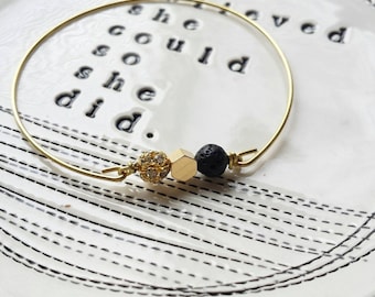 Lava rock mixed bangle in black, essential oil bracelet, delicate modern jewelry