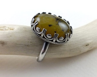 Yellow opal retro ring, metalwork ring, sterling silver jewelry, gemstone ring