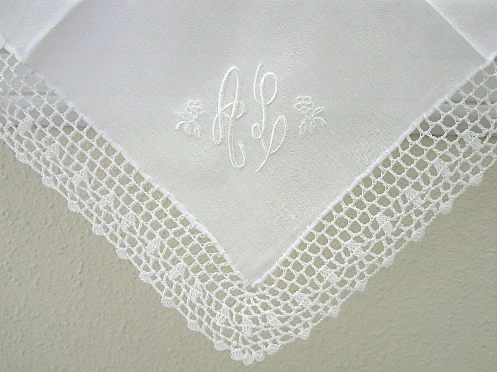 Wedding Handkerchief: White Crochet Lace Handkerchief with 2