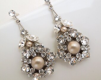 Bridal Wedding Earrings Champagne Pearls Bridal Pearl Earrings Statement Bridal Earrings Stud Rhinestone Earrings Swarovski pearl EUGENIE