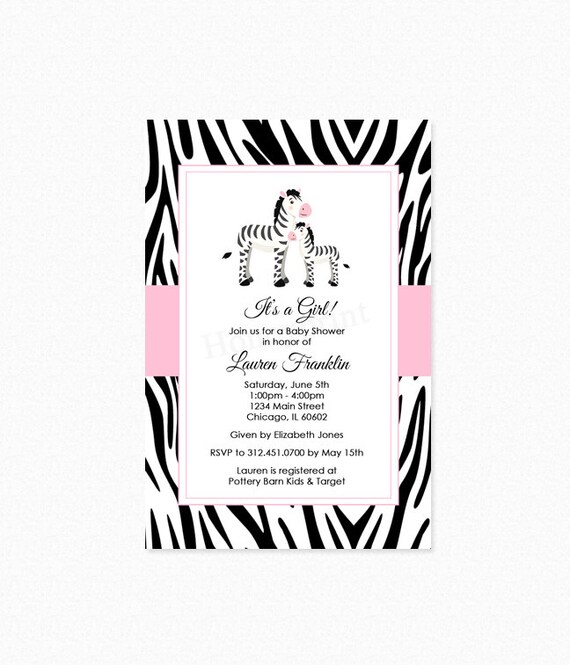Zebra Baby Shower Invitation Pink Black Girl Baby by Honeyprint