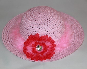 Tea Party Hat - Pink Easter Bonnet with Pink Boa - Girls Sun Hat - Easter Hat - Birthday Hat - Sunday Dress Hat - Derby Hat 1688