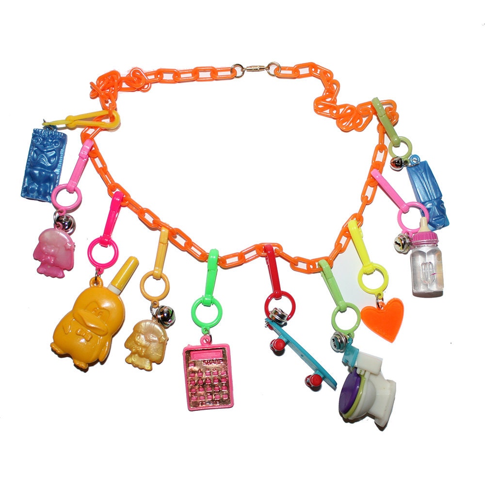 Vintage Bell Charm Necklaces Plastic Rainbow Charms 80's