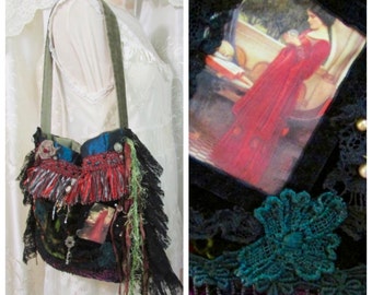 Renaissance Purse, handmade fabric bag, shoulder bag, earth tones bohemian bag lace fringe embellished gypsy bag