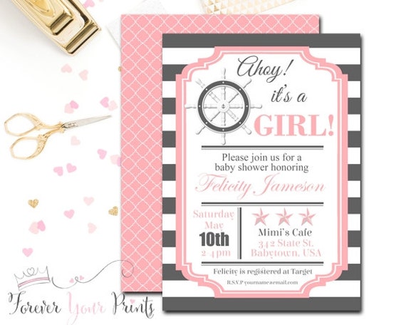 Pink and Grey Baby Shower Invitation, Nautical Baby Shower Invitations, Girls Baby Shower Invitation, Baby Shower Invite For Girl Il_570xn