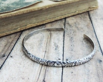 Narrow Sterling Silver Cuff Bracelet - Minimalist Jewelry - Floral Swirl Pattern Bracelet - Bridesmaid Gift - Dainty Bracelet