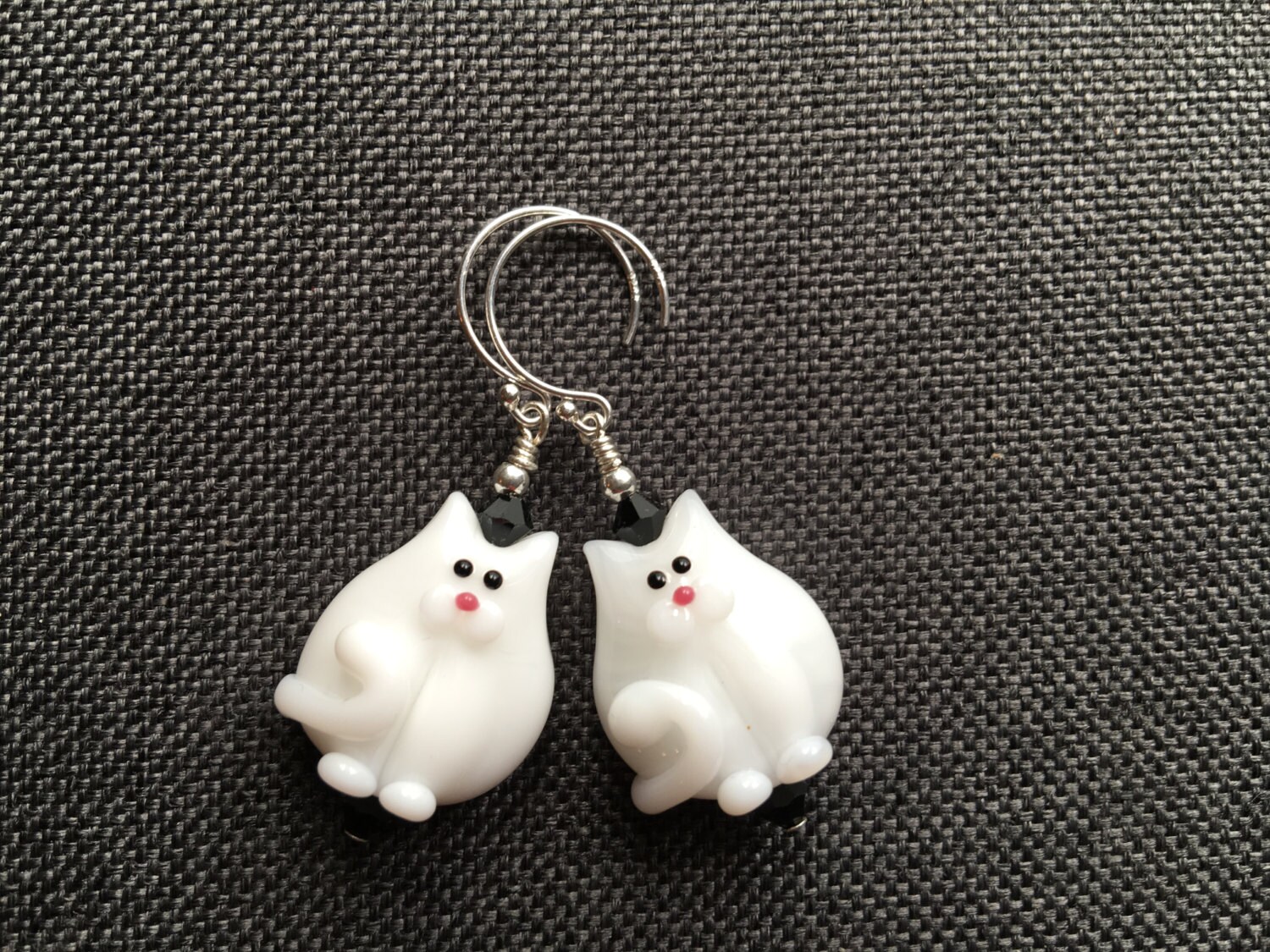 White Cat Lampwork Earrings Unique Earrings Kitty Earrings