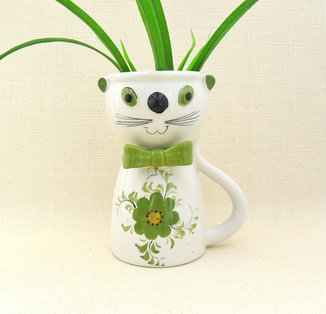 Mod Cat Flower Vase FTD Planter Pot Green Kitty Figurine 1970s