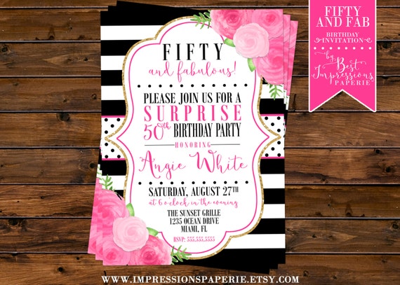 50 and Fab 50th Surprise Birthday Party Invitation 50 and